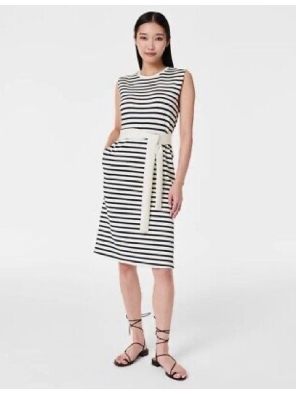 SPANX Black and White Striped Midi Dress with Cream Belt